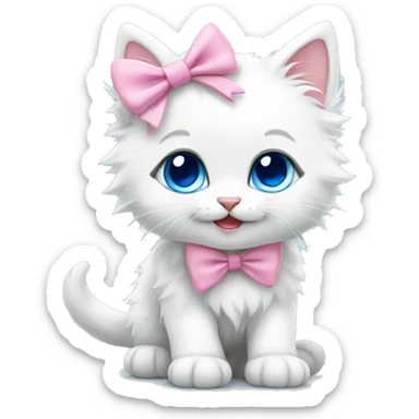 A happy cute fluffy white kitten with blue eyes and a pink bow  sticker