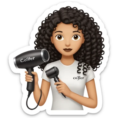 Parrucchiera con il phon in mano e la scritta coiffeur assunta capelli neri e ricci lunghi sticker