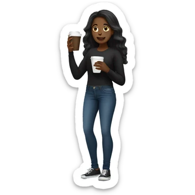 Black female with long hair talking on cellphone and holding a coffee wearing black shirt and jeans full length  sticker