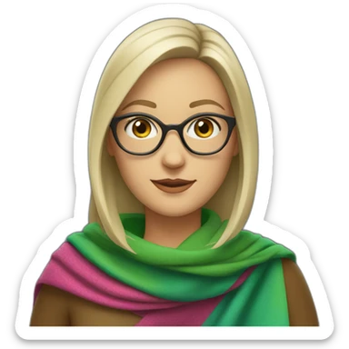 white-woman-with-gray-and-blonde-bob-green-eyes-and-brown-glasses-wearing-colorful-shawl sticker