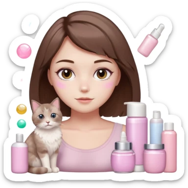 soft girl with short brown hair, surrounded by skincare, sparkles, two light brown ragdoll cats, pink pastel vibe sticker