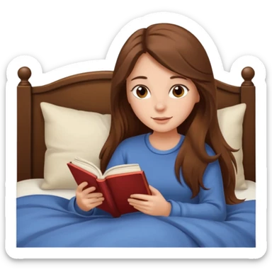 Cozy girl with long brown hair and brown eyes reading in bed sticker