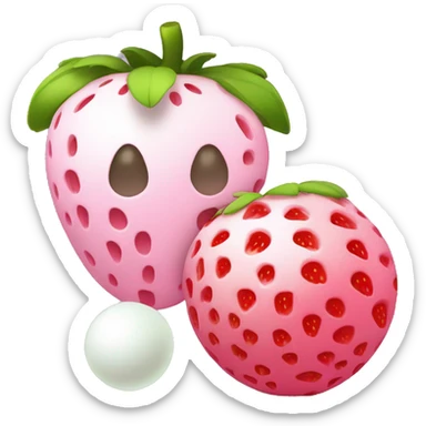 Cilidrinc white skin object, with 2 balls with the same color and on the top of the cilinder, a pink strawberry without points and green part sticker