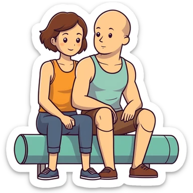 Caucasian woman with brown hair big boobs wearing a tank top sitting on bald man sticker