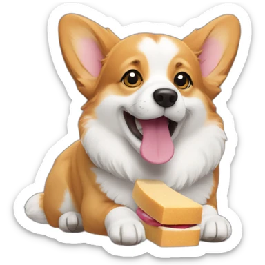corgi eating a chew toy sticker