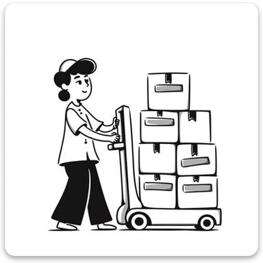 A hand-drawn warehouse worker with a forklift carrying inventory, representing a supplier sticker