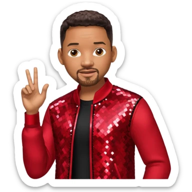Will Smith with dark brown hair, red sequin outfit sticker