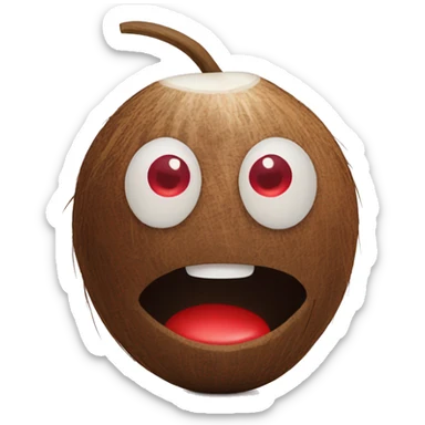 a coconut with a face on it looking down with red eyes, frightened by what it has done sticker