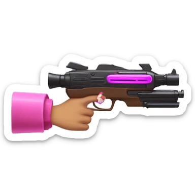 brown hand with pink nails holding large scary dark nerf gun sticker