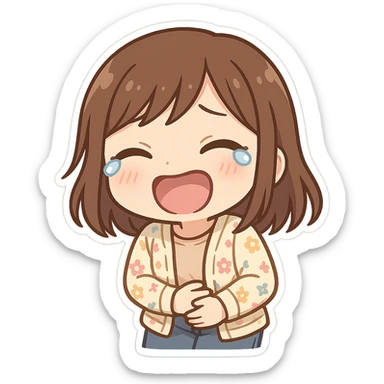 chibi sticker of a girl with brown straight hair and brown eyes, wearing a pastel floral cardigan and jeans, laughing to tears, holding her stomach, white outline, transparent background, 512x512px sticker