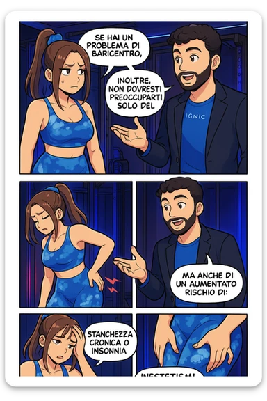 TRASFORMA QUESTO CAROSELLO IN UN FUMETTO STILE WEBTOON/MANGA A COLORI CON QUESTE DUE PERSONE IDENTICHE CHE INTERLOQUISCONO TRA LORO, L'uomo sta spiegando alla donna questo concetto:

Se hai un problema di baricentro, inoltre, non dovresti preoccuparti solo del reflusso e del gonfiore addominale, ma anche di un aumentato rischio di:
    • dolori e rigidità diffuse
    • disturbi pavimento pelvico
    • stanchezza cronica o insonnia
    • inestetismi visibili, come celluluite
    • etc… sticker