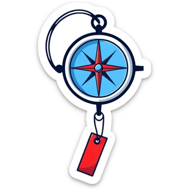 iOS compass with blue and red north/south markers hanging by a white ribbon sticker