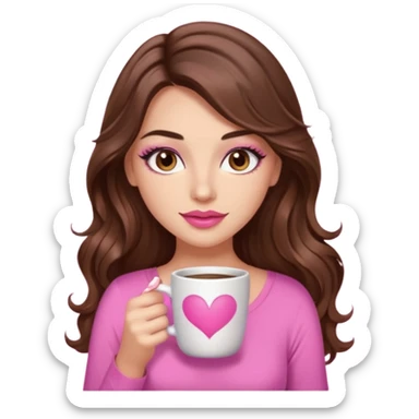 girl with long wavy brown hair, brown eyes, long lashes makeup,sexy pink lips, light to medium complexion, pink sexy top, with a coffee mug sticker