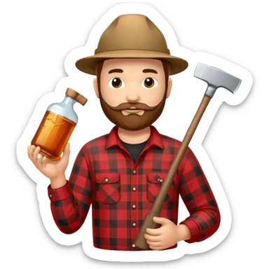 I want a Canadian lumberjack wearing a red and black plaid shirt drinking maple syrup out of the maple syrup bottle and holding a axe in the other sticker