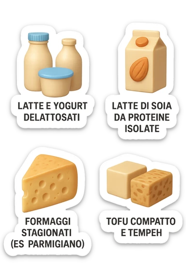 emoji stile iphone 3d di questi elementi che fluttuano in aria:

Latte e yogurt delattosati
Latte di mandorla (non zuccherato)
Latte di soia da proteine isolate
Formaggi stagionati (es. parmigiano)
Tofu compatto e tempeh
 che fluttuano in aria,  le etichette scrivile in italiano, iperealistico 4k sticker