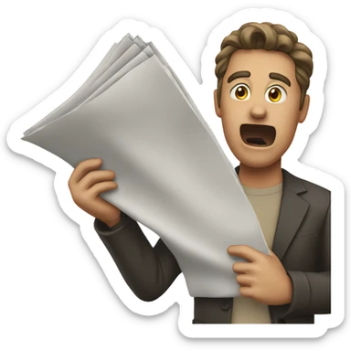 man holding a newspaper in his raised hand whilst shouting sticker