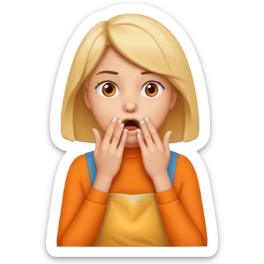 scared woman with her hands on her mouth, emoji style, more details, sideways pose, orange apron, different pose sticker