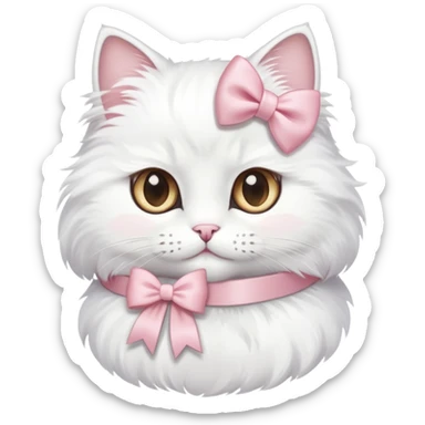 white fluffy cat with light pink bow on side sticker