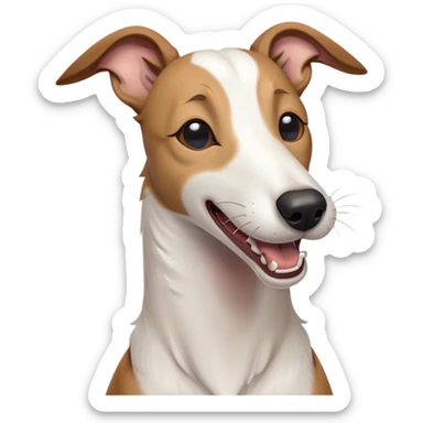 Cinematic Cute Yawning White and Brown Greyhound Portrait Emoji, Head tilted slightly with a dramatic, wide-open yawn, showcasing a pristine white Fur with bold brown markings, floppy ears slightly drooping, round eyes barely open in drowsy contentment, Simplified yet irresistibly adorable features, highly detailed, glowing with a soft, cozy glow, high shine, relaxed yet expressive, stylized with a touch of whimsy, bright and endearing, soft glowing outline, capturing the essence of a sleepy yet affectionate companion, so drowsy it feels like it could stretch out of the screen and curl up for a nap! sticker