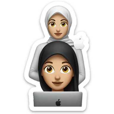 memoji of a female white with a laptop in front, apple-style, modern, hijabi women, black sweater, computer in hand   --ar 1:1 sticker
