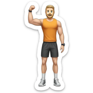 Full height Actively gesturing with hands Pale skinned Fit Man With the biceps and brown hair in dark gray Sleeveless Mike, black oversize sports shorts, watch and white Sneakers sticker