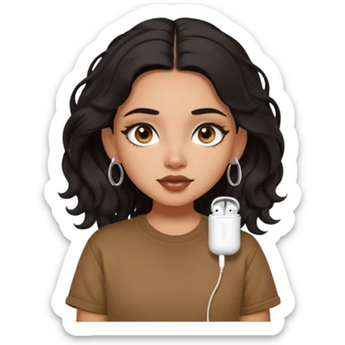 a pretty FAIR indian bratz girl with wavy long black hair, wearing an oversized brown tshirt,wearing airpods, eyeliner on sticker