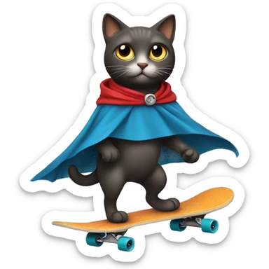 A cat riding a skateboard while wearing a cape. sticker