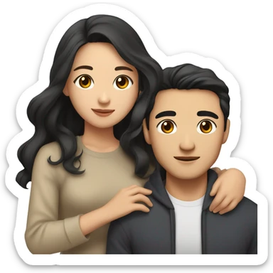 A half pale Asian man with short dark hair and amber eyes embracing and loving a half Asian woman with long wavy dark hair and dark hazel eyes. They love each other a lot And have good fashion taste. And are having a lot of fun sticker