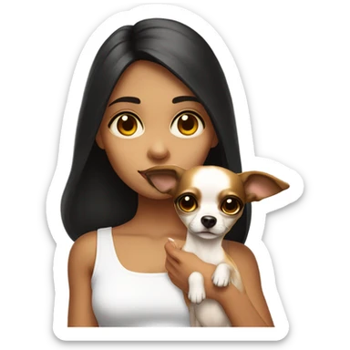 A girl with long very dark brown hair, big brown eyes, very big lips wearing a white singlet top, she is holding a small very chihuahua that is solid yellow sticker