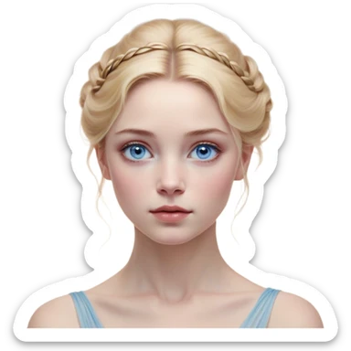 Cinematic Realistic Cinderella Portrait, depicted with lifelike skin texture, subtle rosy undertones, and soft natural lighting that enhances the gentle contours of her face. Her intricately detailed golden blonde hair is elegantly styled in an updo, with delicate wisps framing her face. Her deep, expressive blue eyes radiate warmth and sincerity, reflecting a quiet resilience and grace. She holds a glass slipper gently in one hand, her other hand resting gracefully at her side, emphasizing the timeless beauty of the moment. She is dressed in her iconic ball gown, the fabric shimmering with intricate embroidery and fine translucent layers that catch the light beautifully. The soft sheen of satin gloves adds a magical touch to her graceful pose. The portrait features an enchanting glow with a natural, luminous finish, seamlessly blending realism and fairytale charm to evoke a sense of depth, elegance, and timeless beauty. sticker