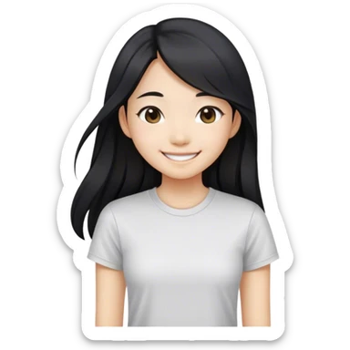 an asian girl smiling with straight black and long hair, slight waves, tshirt sticker