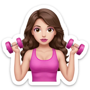 girl with long wavy brown hair, brown eyes, long lashes makeup, sexy pink lips, light to medium complexion, wearing a pink sexy top, lifting a pink dumbells sticker