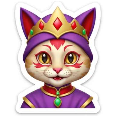 crazy colorful cute little cat jolly joker from poker, medieval, vintage, court jester, mac os icon, purple and red color, gold inserts, half body sticker