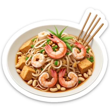 Cinematic Realistic Pad Thai Dish Emoji, depicted as stir-fried rice noodles with shrimp, tofu, peanuts, and bean sprouts rendered with vibrant textures and dynamic, appetizing lighting. sticker