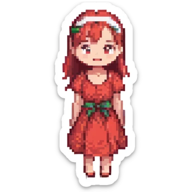 Lilo from Lilo & Stitch as a pixel art character, full body, wearing her signature red dress, playful expression sticker