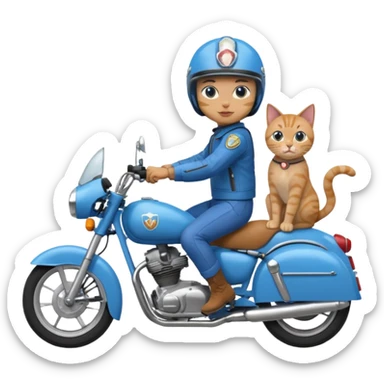 Generate a cat riding a blue motorcycle with a human sticker