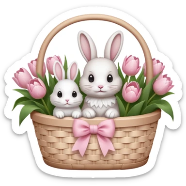A white Picnic basket with light pink bow, white peonie, tulips and a white rabbit inside sticker