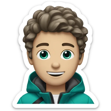 Boy skiing with teal color skis. He has brown wavy hair. He is wearing black pants. And a gray coat jacket sticker