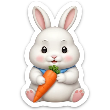 A chubby bunny thats cute and cuddly eating a mini carrot sticker