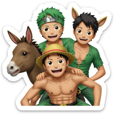 Luffy is riding on Zoro's back, and Zoro looks hilariously like the donkey. Zoro looks angry, and Luffy is laughing. The whole scene is very funny. sticker