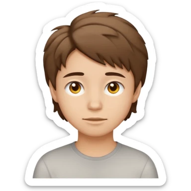 face of young person with short tousled brown hair, light skin, neutral expression, emoji style sticker