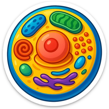 Make the cell and organelles more 3D and vibrant stylized illustration, remove the background, with bright colors and dynamic shading in a vibrant toon style. sticker