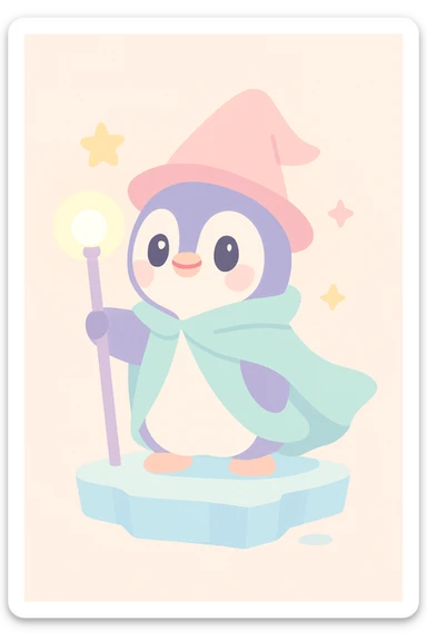 heroic penguin wizard with a flowing cloak, standing on an icy platform, staff glowing sticker