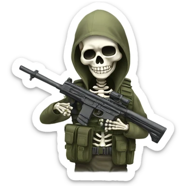 Skeleton with military vest pretending to hold fake sniper sticker