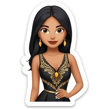beautiful fit woman, with long straight black hair, with make up, black eye liner, smile mooth close, mexican, brown skin, wearing beautiful couture outfit, flirting sticker