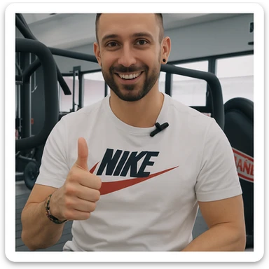 The man in the photo is making the OK gesture with his thumb up, showing a positive expression, in a gym environment, photorealistic style. sticker