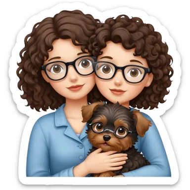 Brunette girl with glasses and curly hair embracing a yorkshire terrier puppy sticker