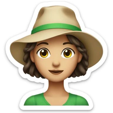 Brunette woman with green eyes wearing a cute hat sticker