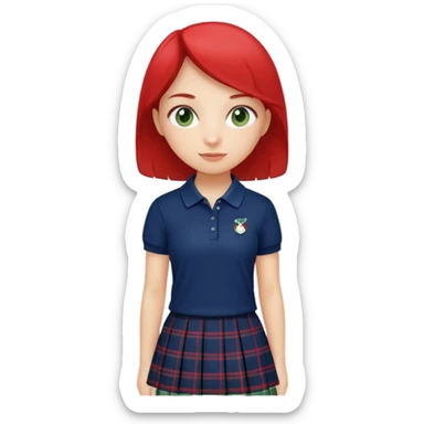 School uniform with navy polo shirt and navy plaid skirt with green white and red  sticker