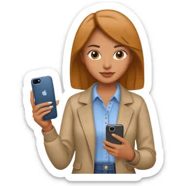 woman casual clothes holding one phone sticker